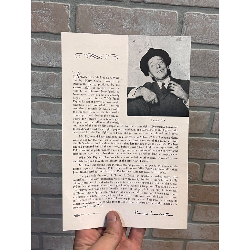 Vintage Harvey 1949 Frank Fay Chicago Blackstone Theatre Broadway Playbill Handbill