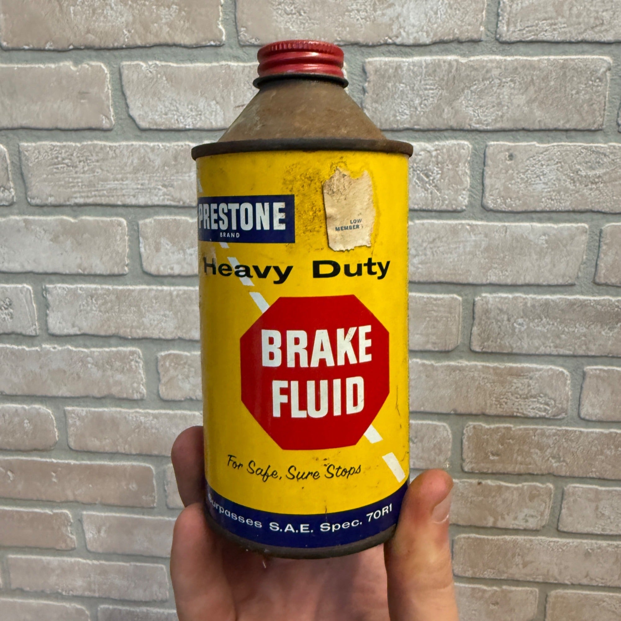 Vintage PRESTONE HD Brake Fluid Cone Top Qt Can Good Color FULL