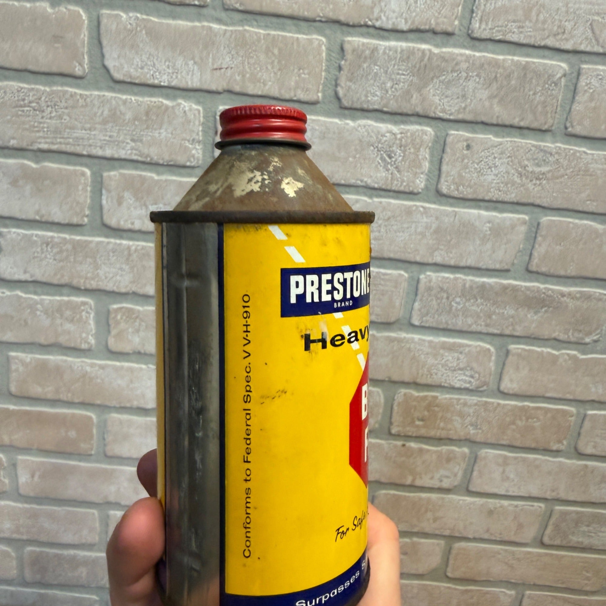 Vintage PRESTONE HD Brake Fluid Cone Top Qt Can Good Color FULL