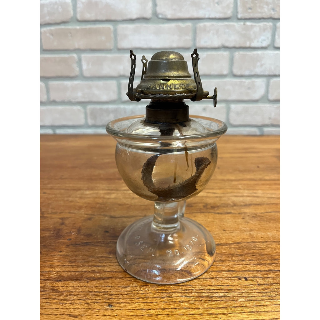 Antique Lomax Glass Oil Finger Lamp With Brass Banner Burner Pat Sep 20 1870