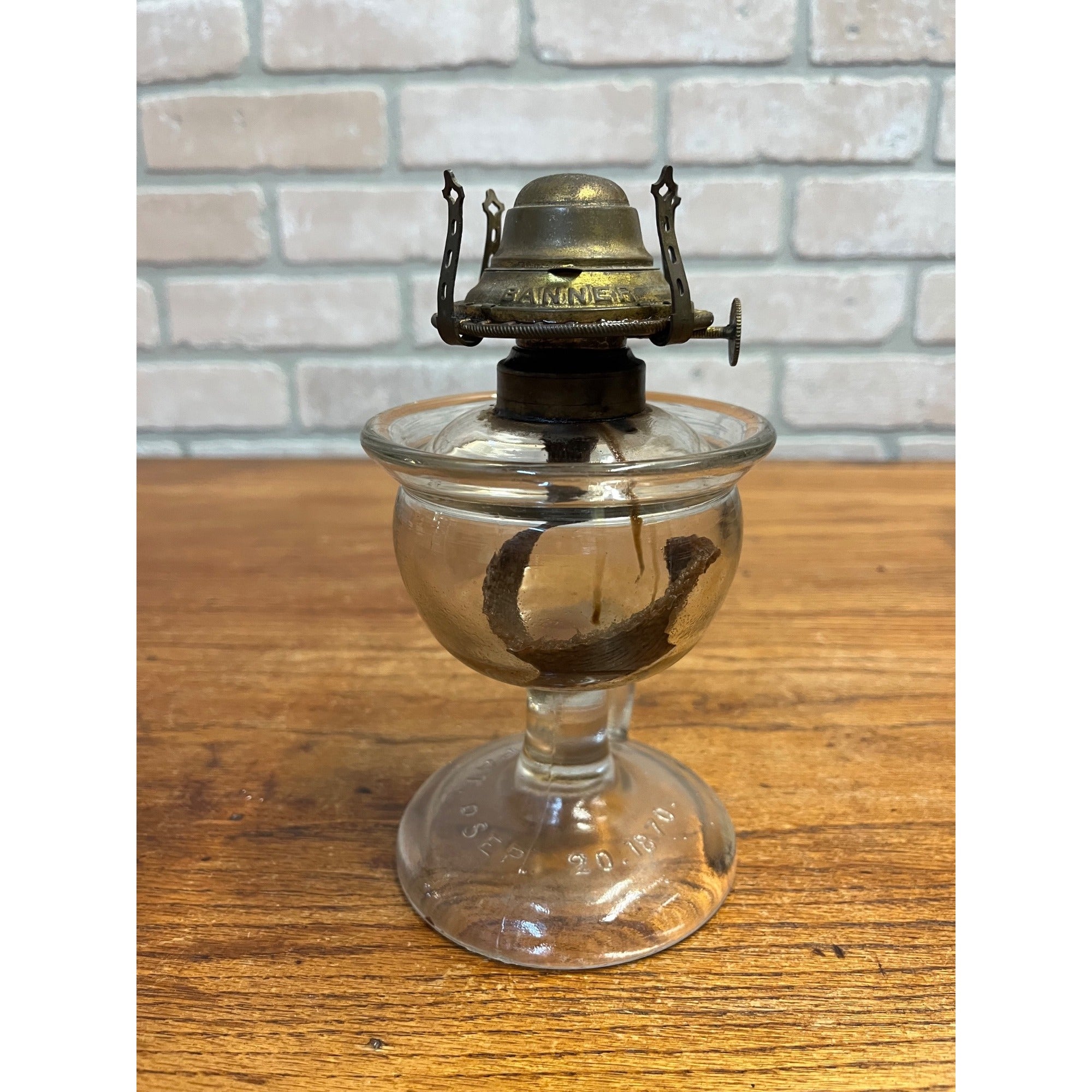 Antique Lomax Glass Oil Finger Lamp With Brass Banner Burner Pat Sep 20 1870