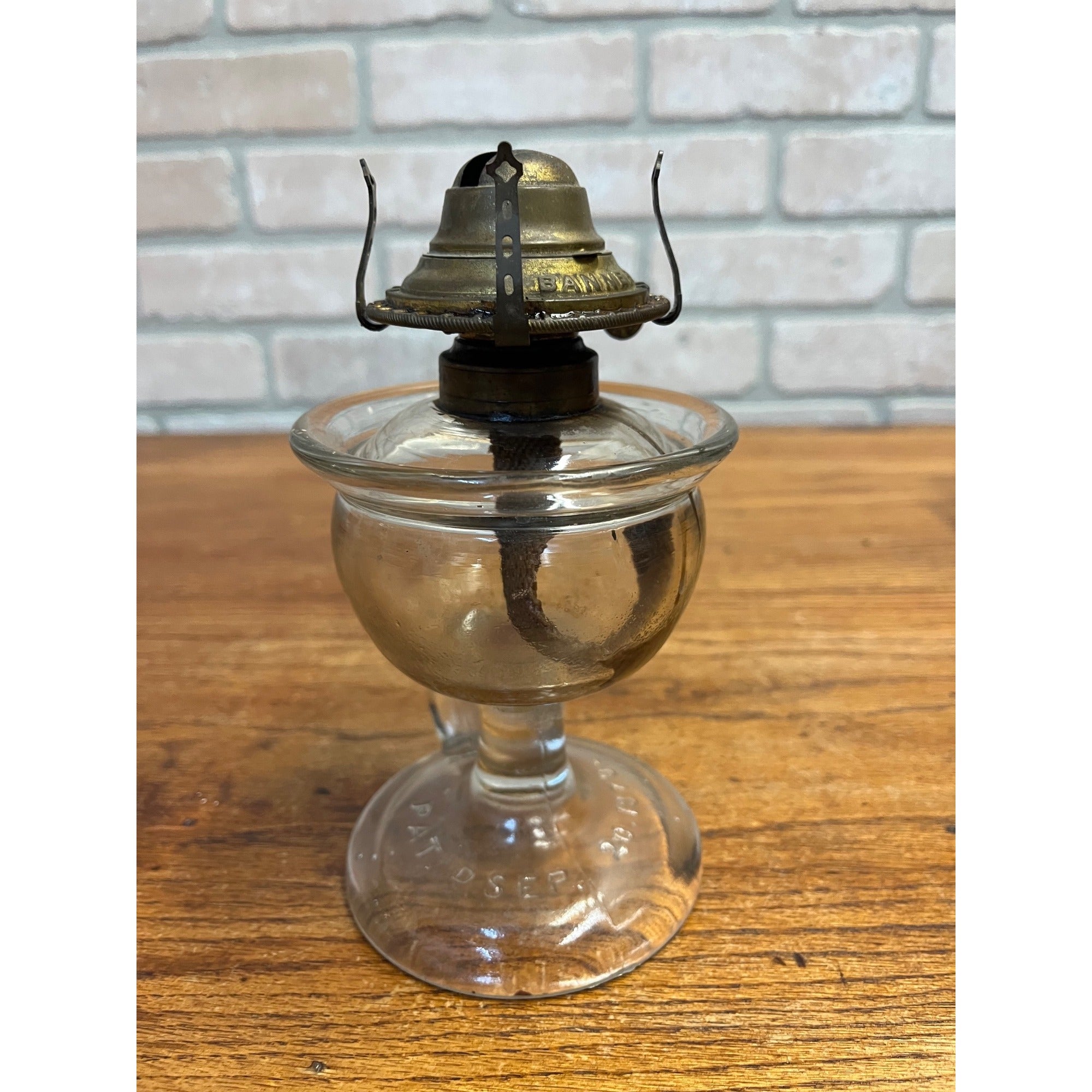 Antique Lomax Glass Oil Finger Lamp With Brass Banner Burner Pat Sep 20 1870