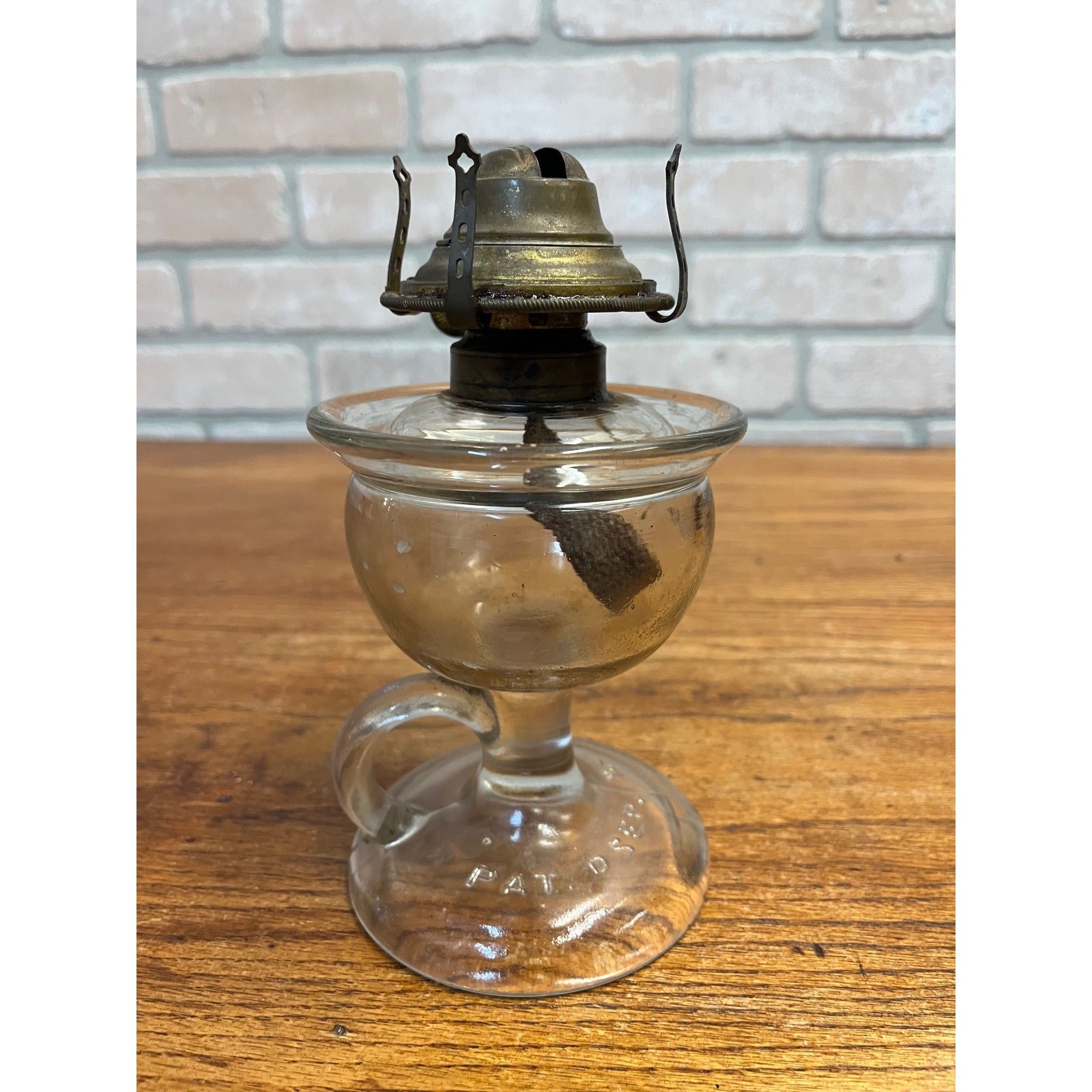 Antique Lomax Glass Oil Finger Lamp With Brass Banner Burner Pat Sep 20 1870