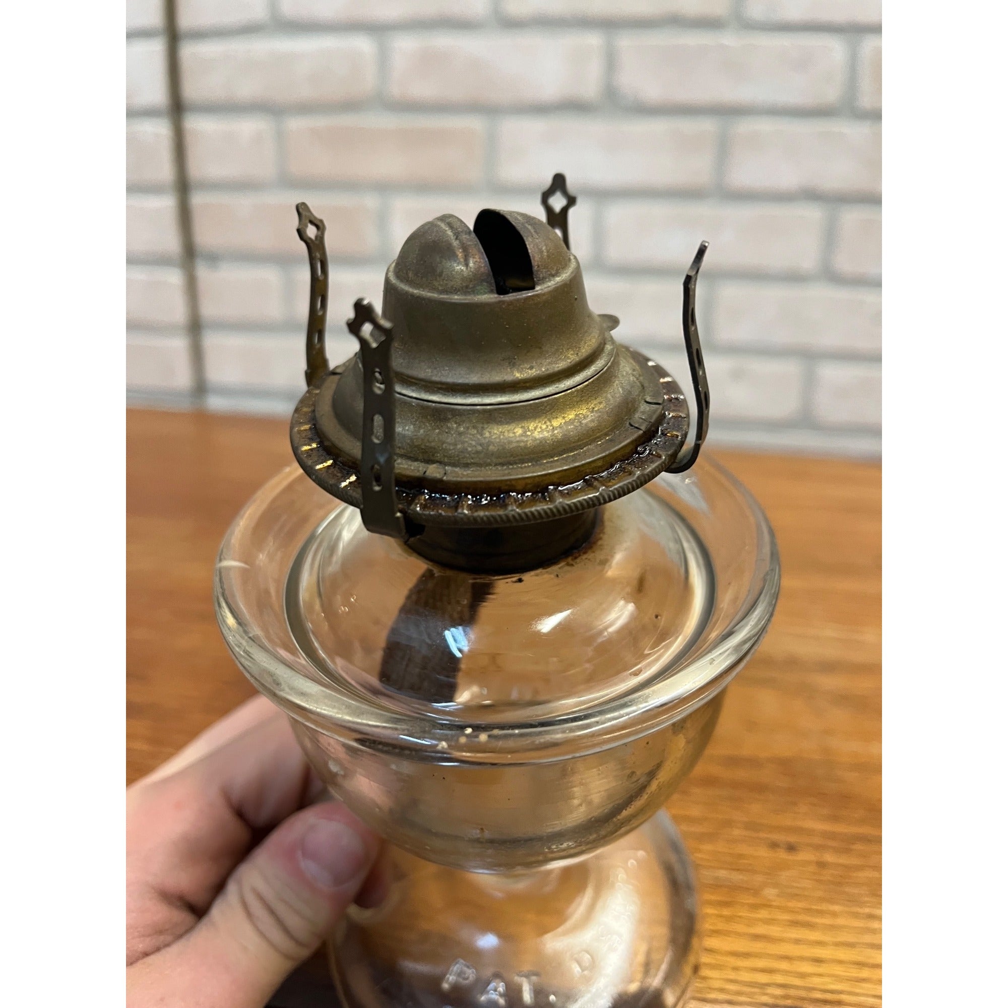 Antique Lomax Glass Oil Finger Lamp With Brass Banner Burner Pat Sep 20 1870