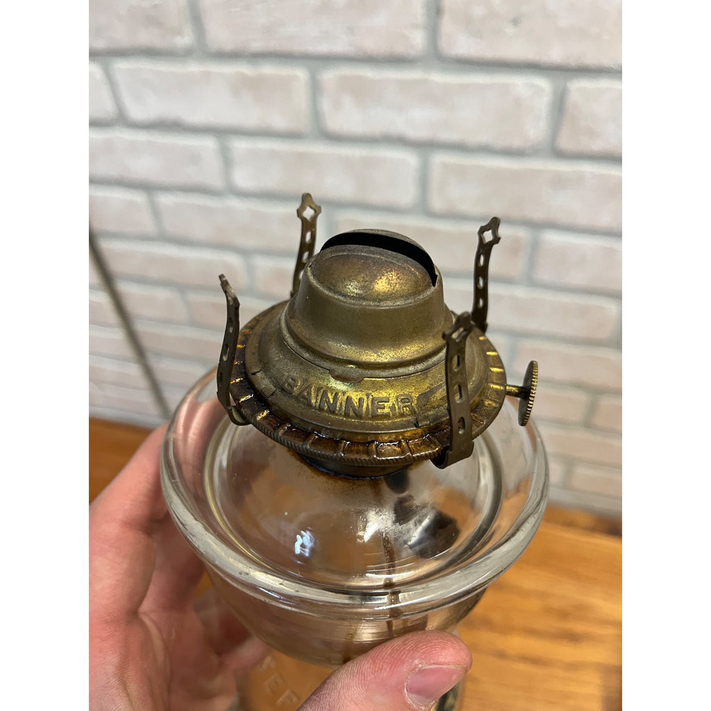 Antique Lomax Glass Oil Finger Lamp With Brass Banner Burner Pat Sep 20 1870