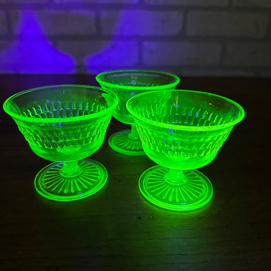 3pc Anchor Hocking Roulette Sherbert Dishes Uranium Vasline Depression Glass