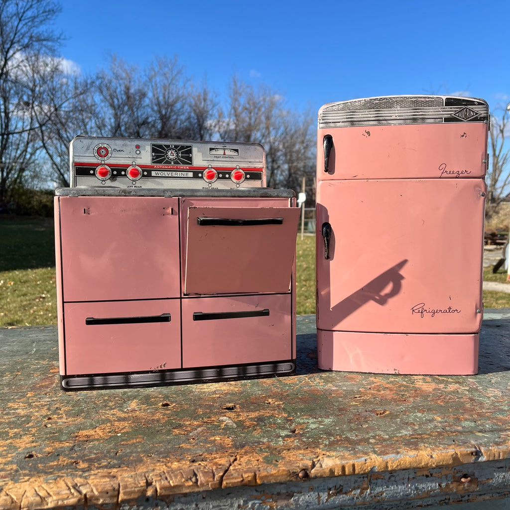 Vintage 50’s Wolverine Toy Kitchen Fridge Appliance Pink Tin Metal Play Set Oven