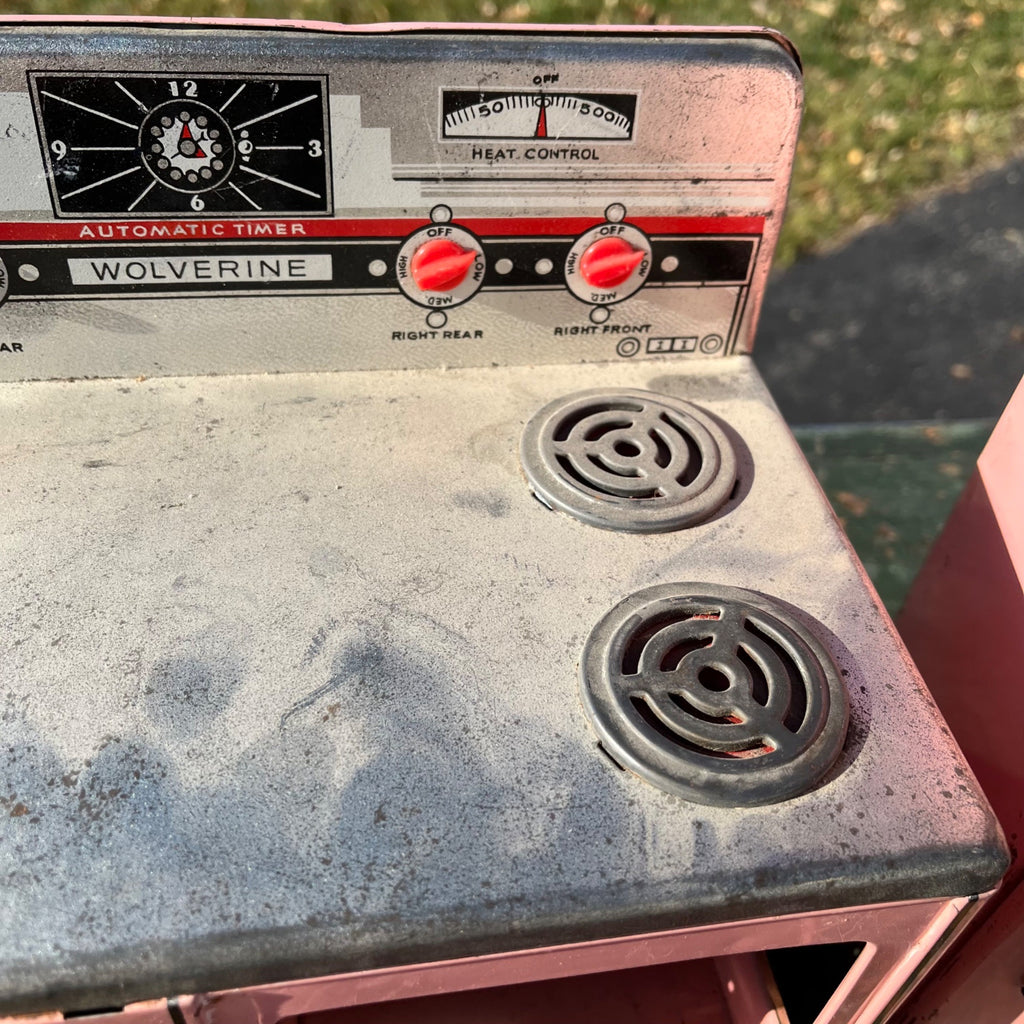Vintage 50’s Wolverine Toy Kitchen Fridge Appliance Pink Tin Metal Play Set Oven