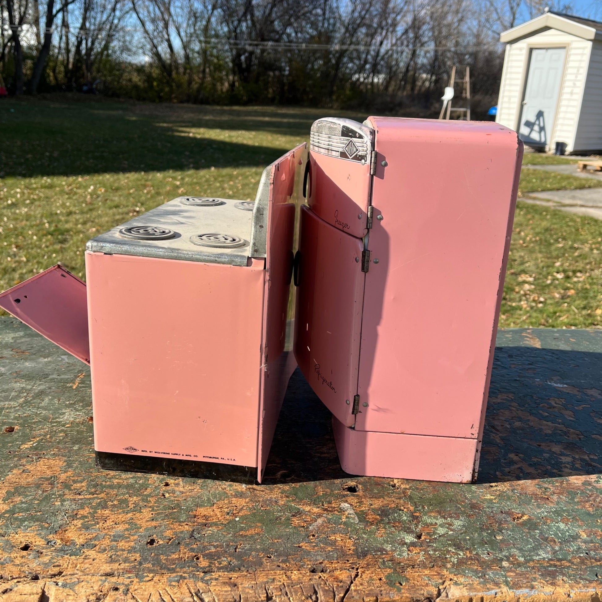 Vintage 50’s Wolverine Toy Kitchen Fridge Appliance Pink Tin Metal Play Set Oven