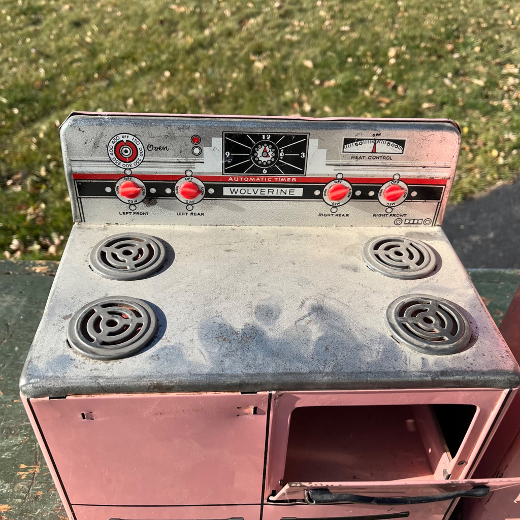 Vintage 50’s Wolverine Toy Kitchen Fridge Appliance Pink Tin Metal Play Set Oven