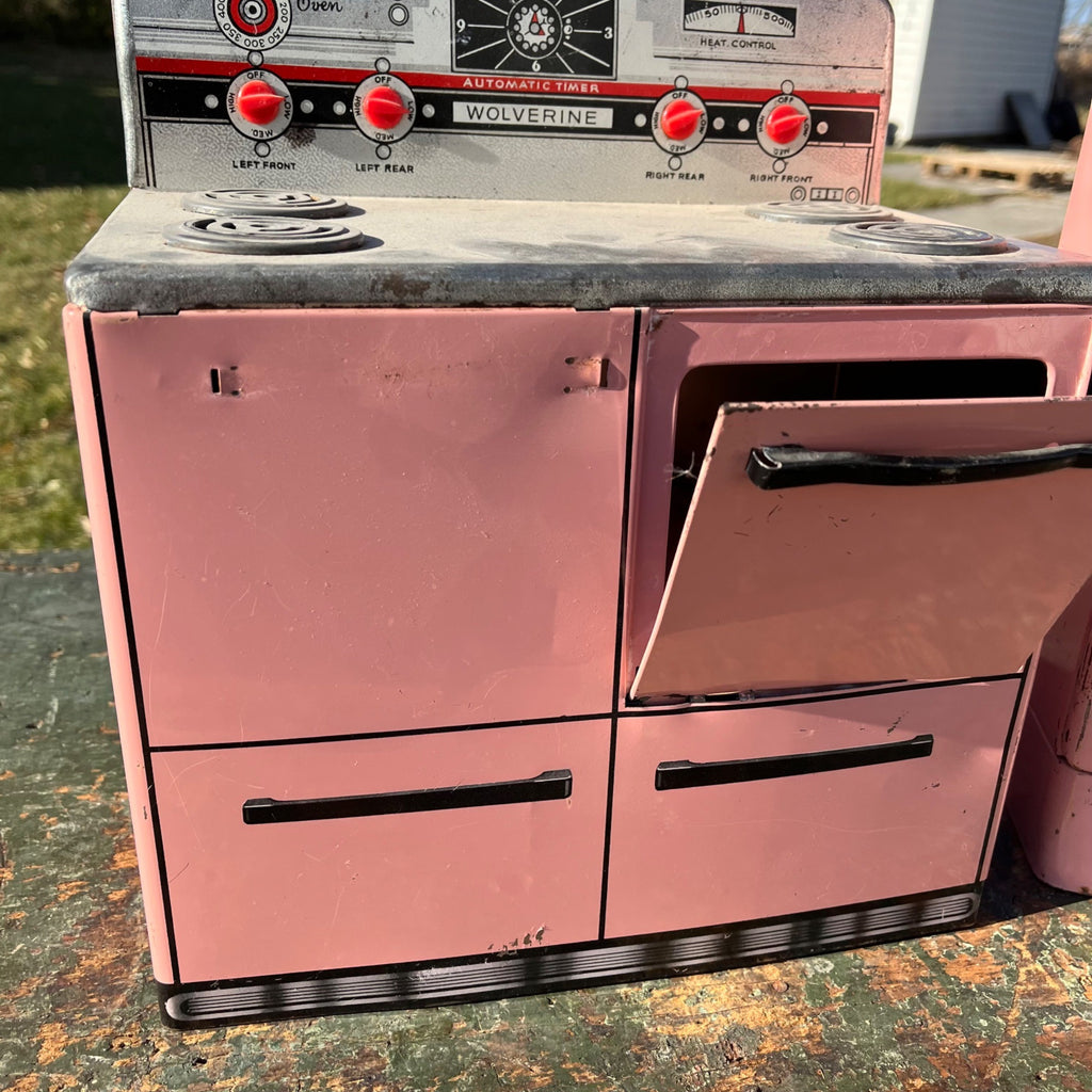 Vintage 50’s Wolverine Toy Kitchen Fridge Appliance Pink Tin Metal Play Set Oven