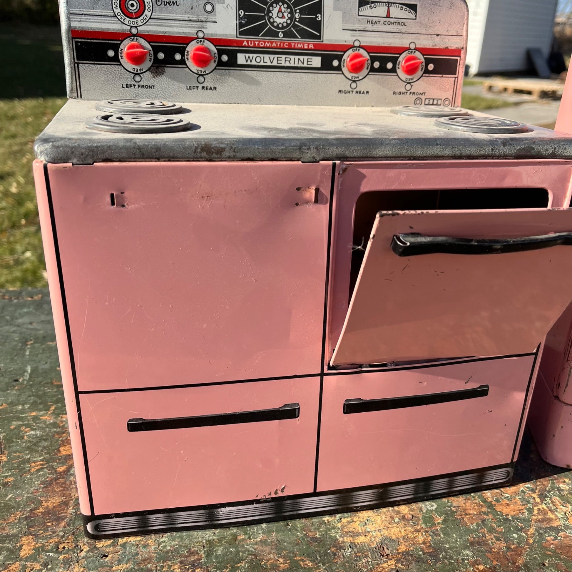 Vintage 50’s Wolverine Toy Kitchen Fridge Appliance Pink Tin Metal Play Set Oven