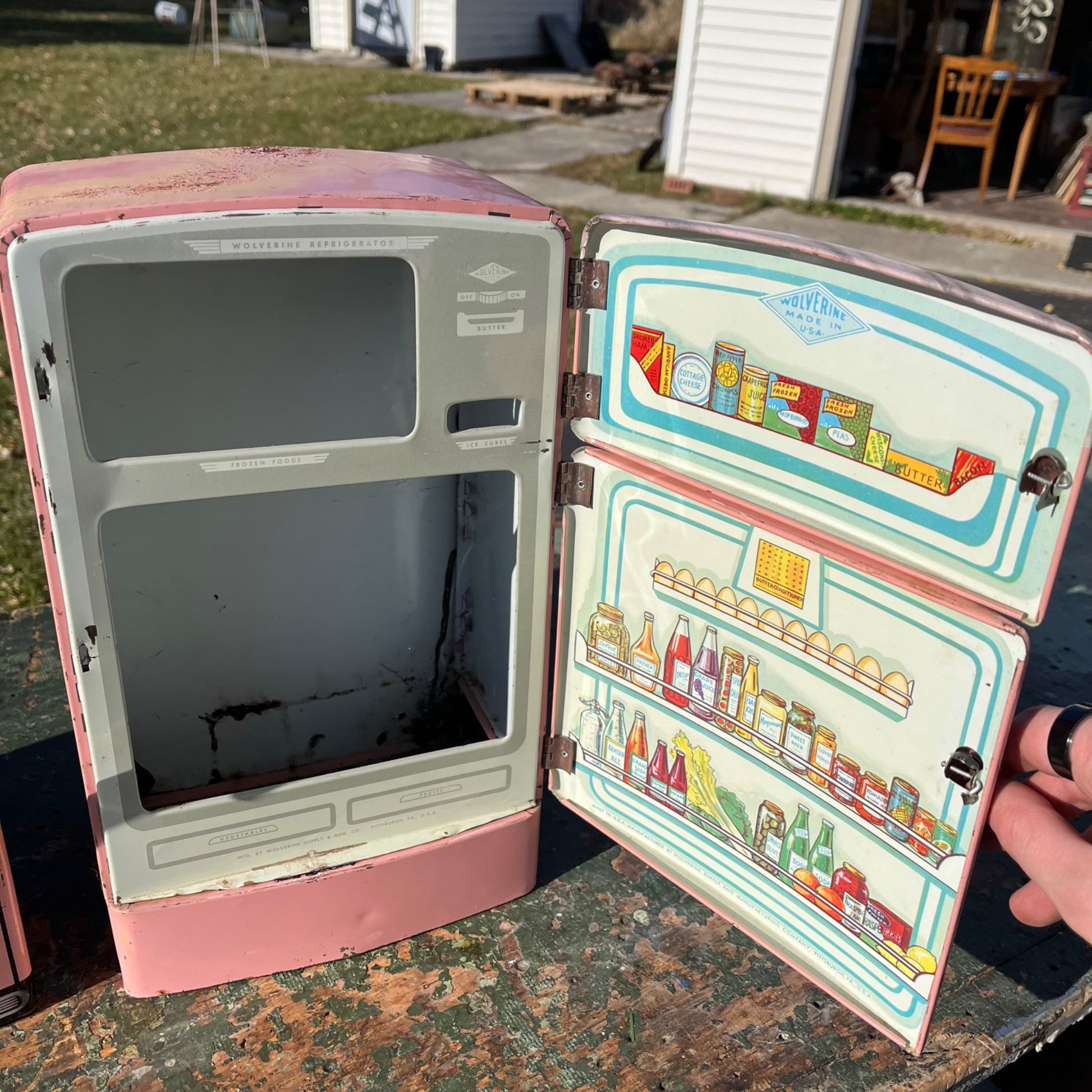 Vintage 50’s Wolverine Toy Kitchen Fridge Appliance Pink Tin Metal Play Set Oven