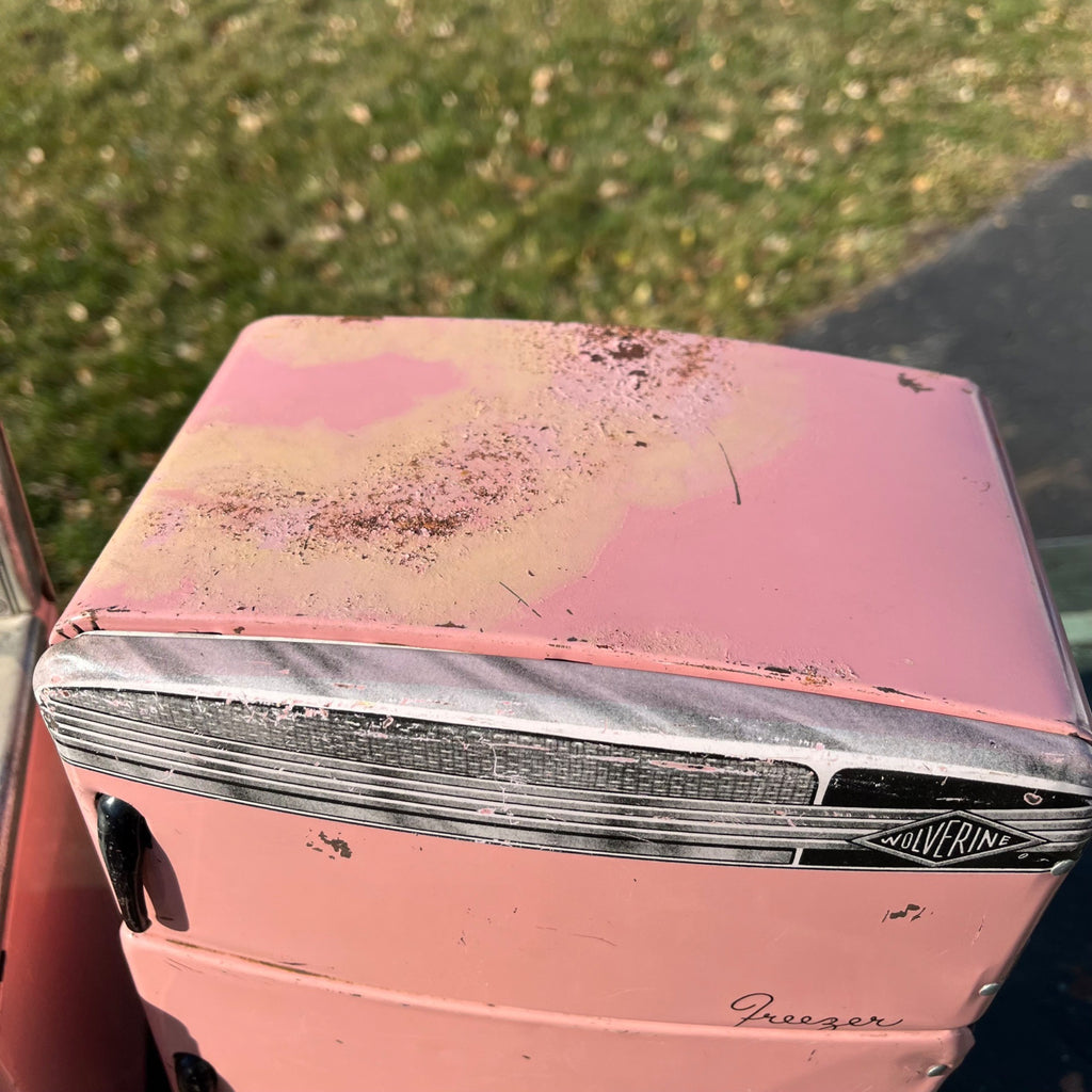 Vintage 50’s Wolverine Toy Kitchen Fridge Appliance Pink Tin Metal Play Set Oven