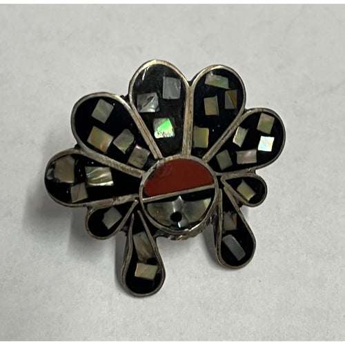 Vintage Mexican Silver Sun God Mosaic Inlay Ring Mother Of Pearl Coral Onyx