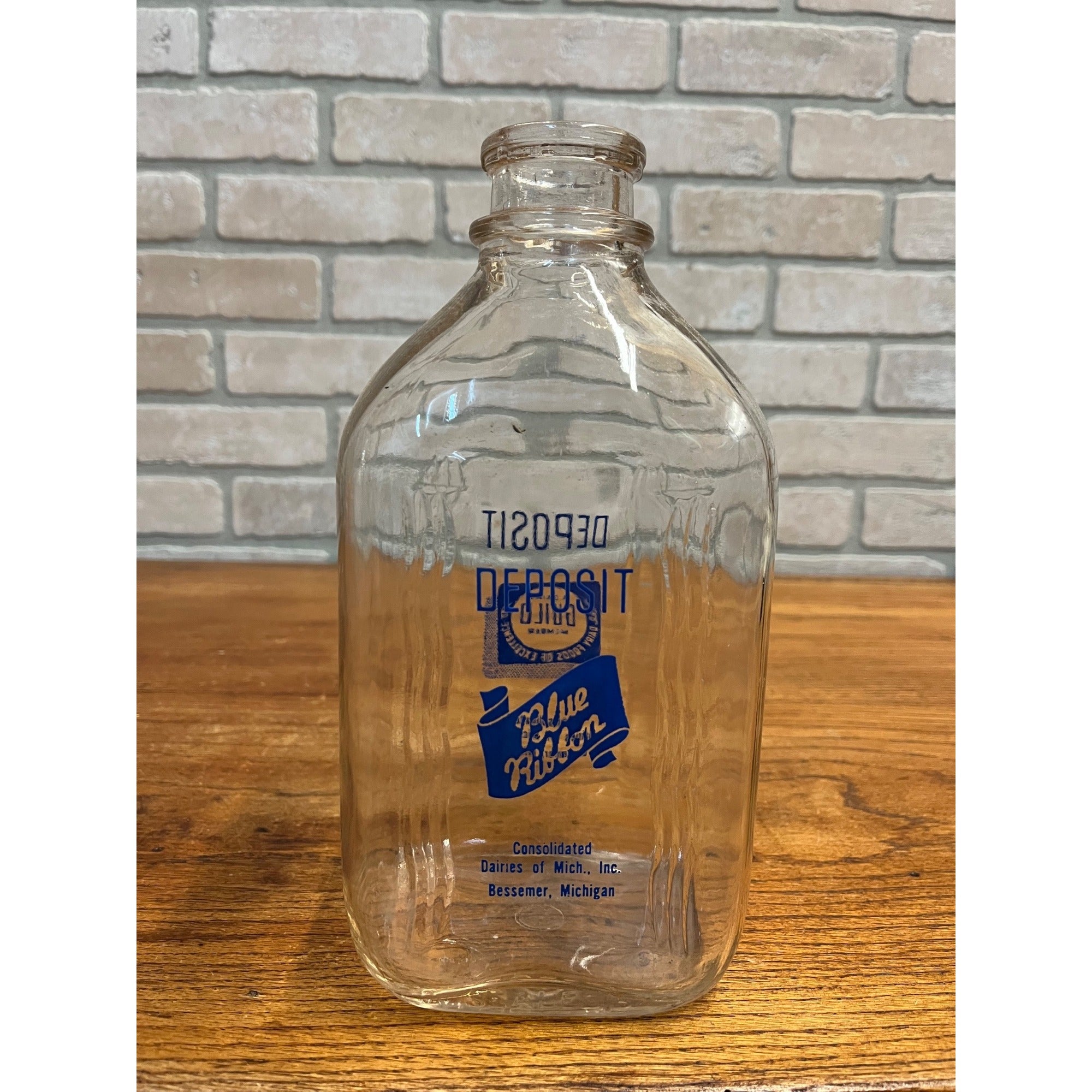 Vintage Blue Ribbon Dairy Milk Bottle Bessemer Michigan MI Half Gallon Glass
