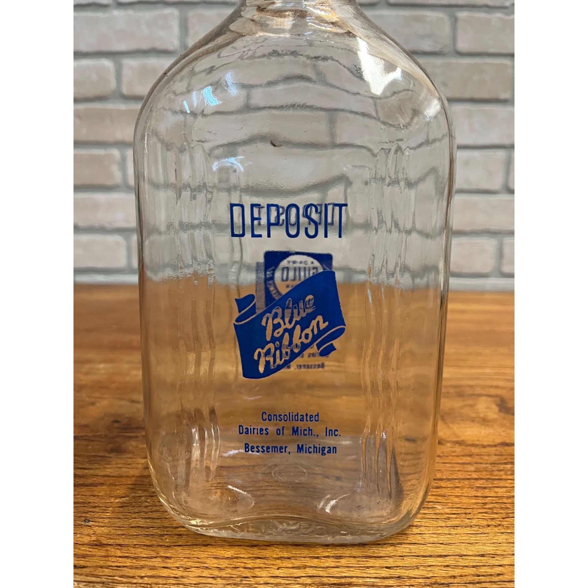 Vintage Blue Ribbon Dairy Milk Bottle Bessemer Michigan MI Half Gallon Glass