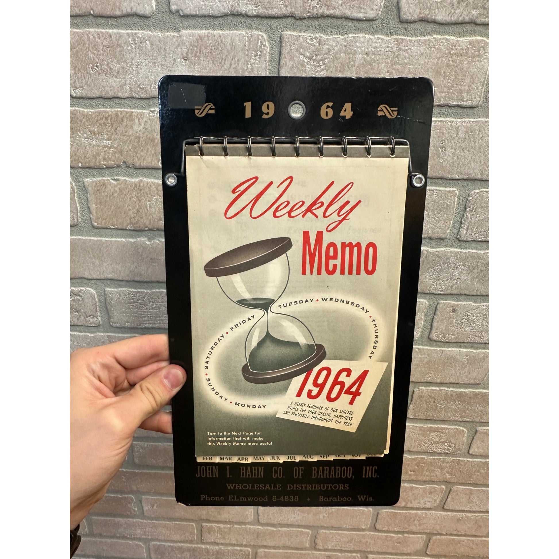 Vintage 1964 Weekly Memo Pad Advertising Sign John Hahn Baraboo Wis