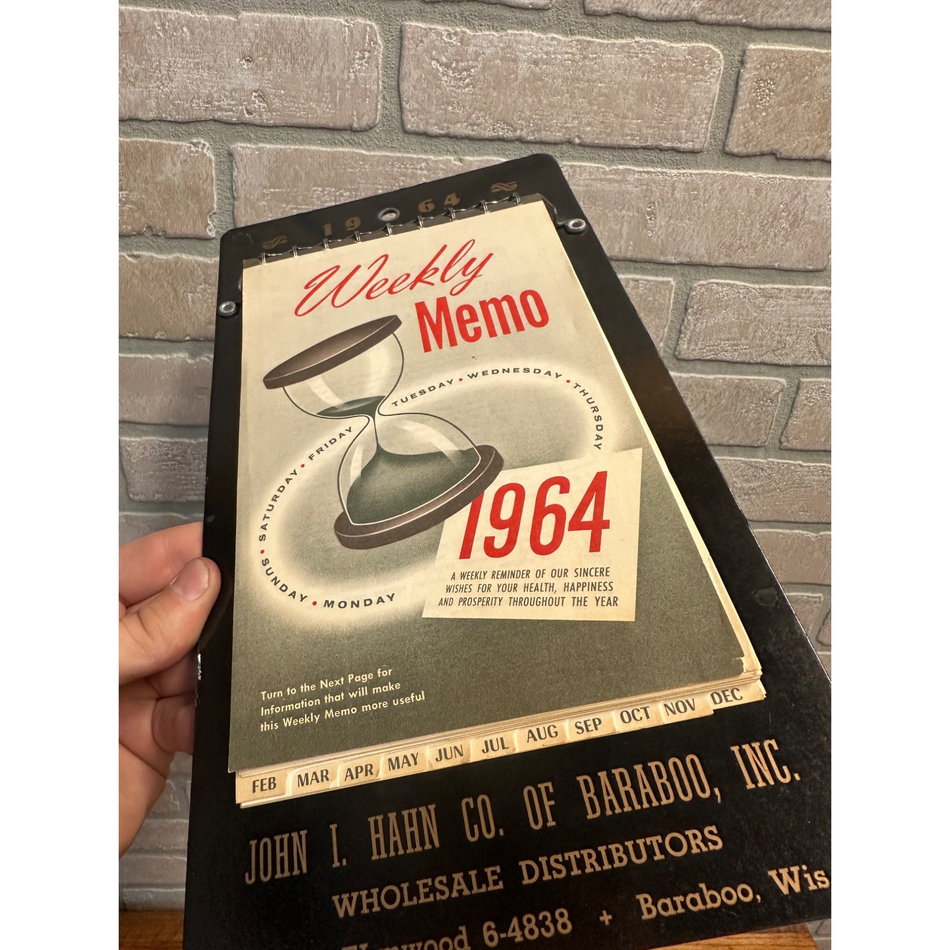 Vintage 1964 Weekly Memo Pad Advertising Sign John Hahn Baraboo Wis