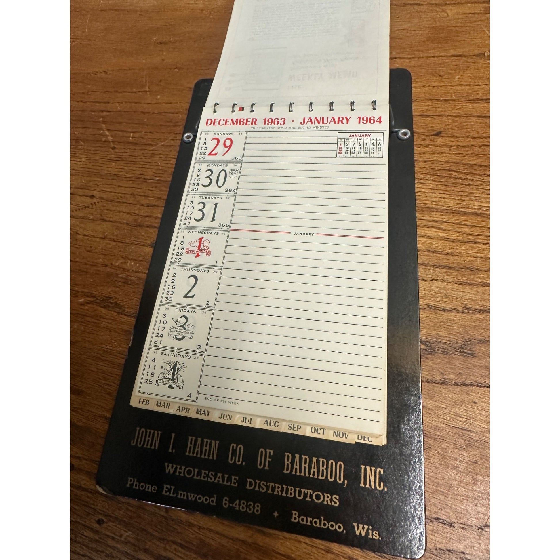 Vintage 1964 Weekly Memo Pad Advertising Sign John Hahn Baraboo Wis