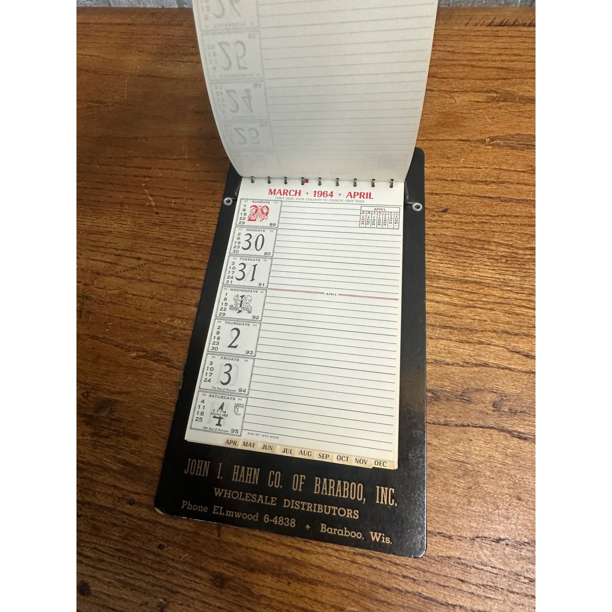 Vintage 1964 Weekly Memo Pad Advertising Sign John Hahn Baraboo Wis