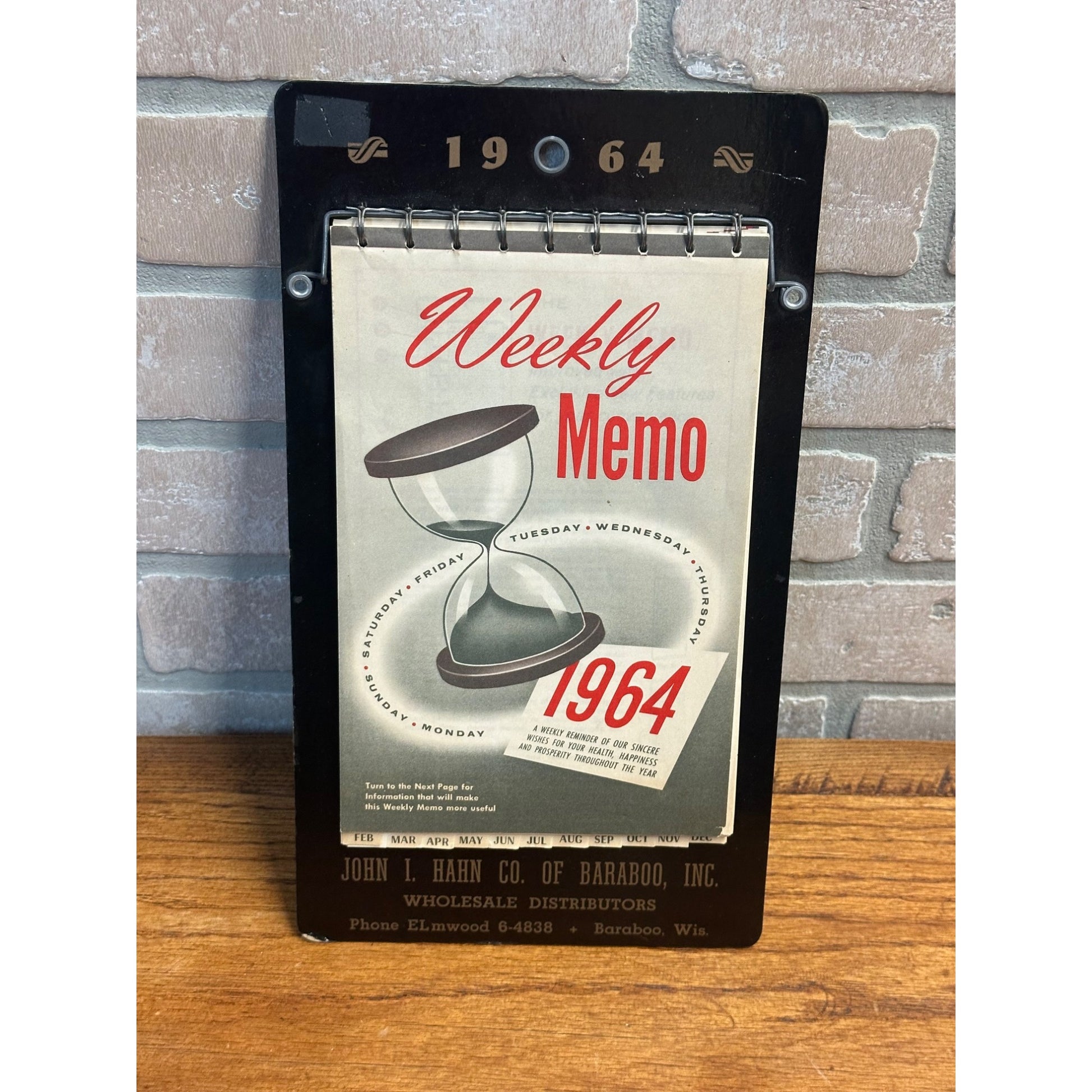 Vintage 1964 Weekly Memo Pad Advertising Sign John Hahn Baraboo Wis