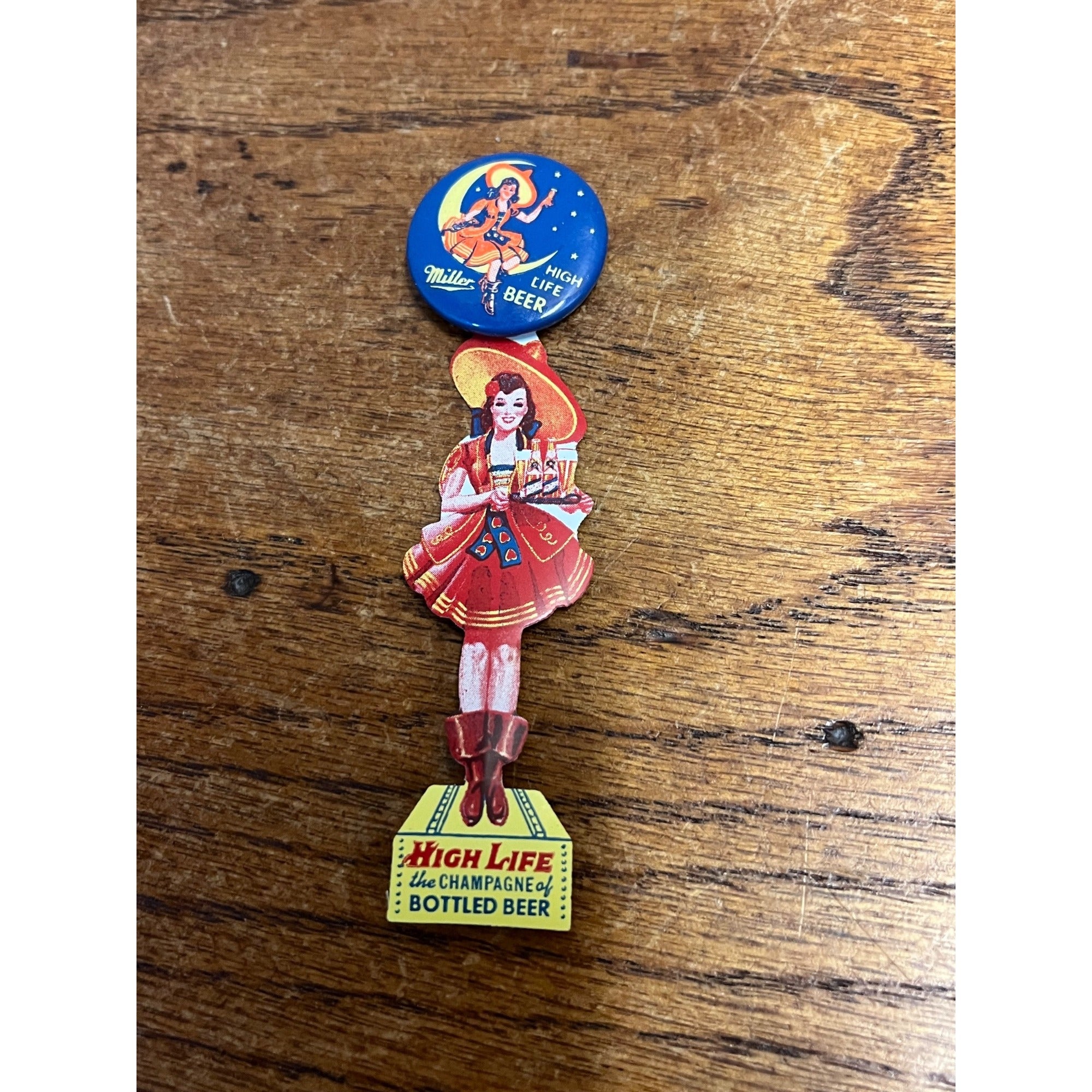 Original 1940s Miller High Life Beer Girl on Moon Celluloid Pin w/ Hanger