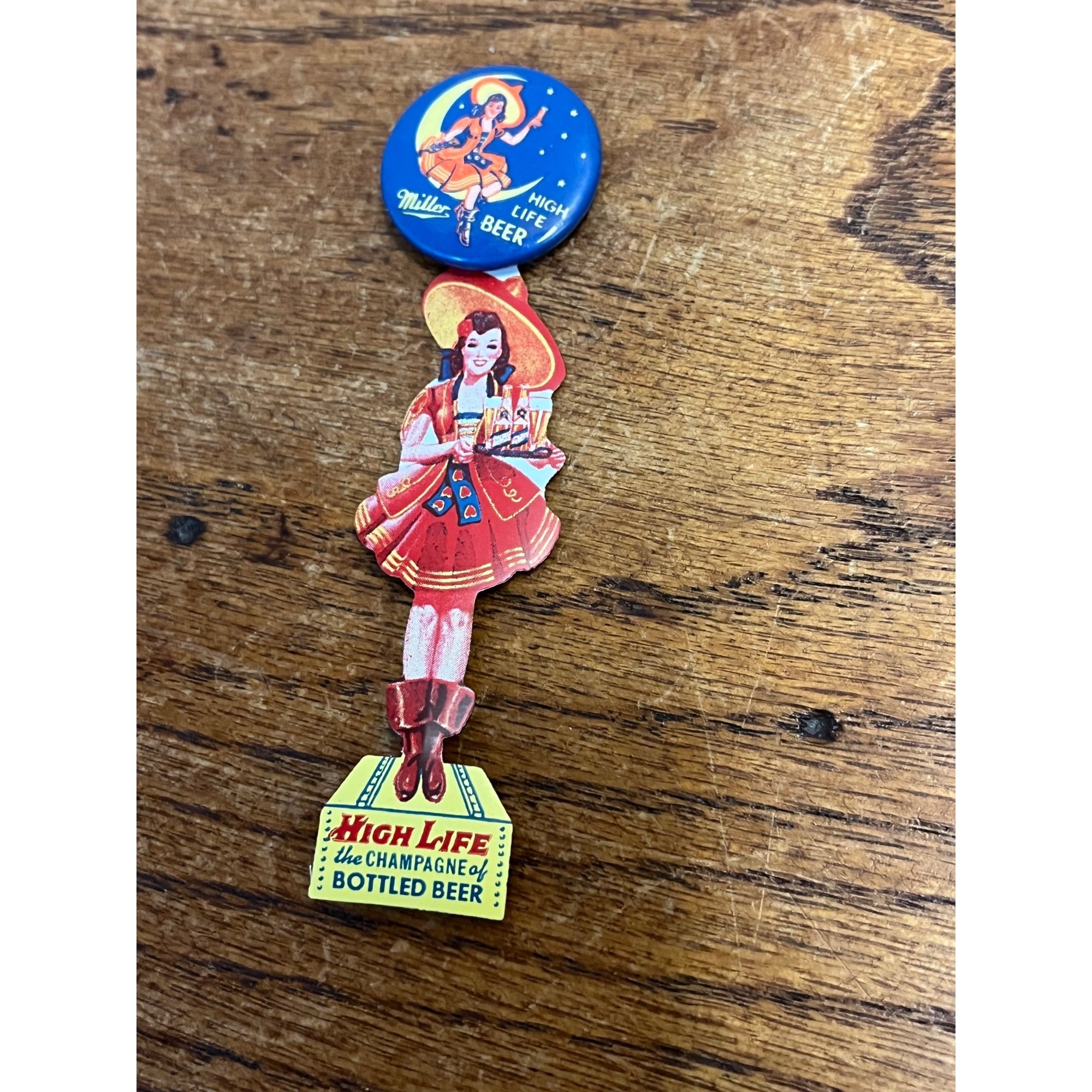 Original 1940s Miller High Life Beer Girl on Moon Celluloid Pin w/ Hanger