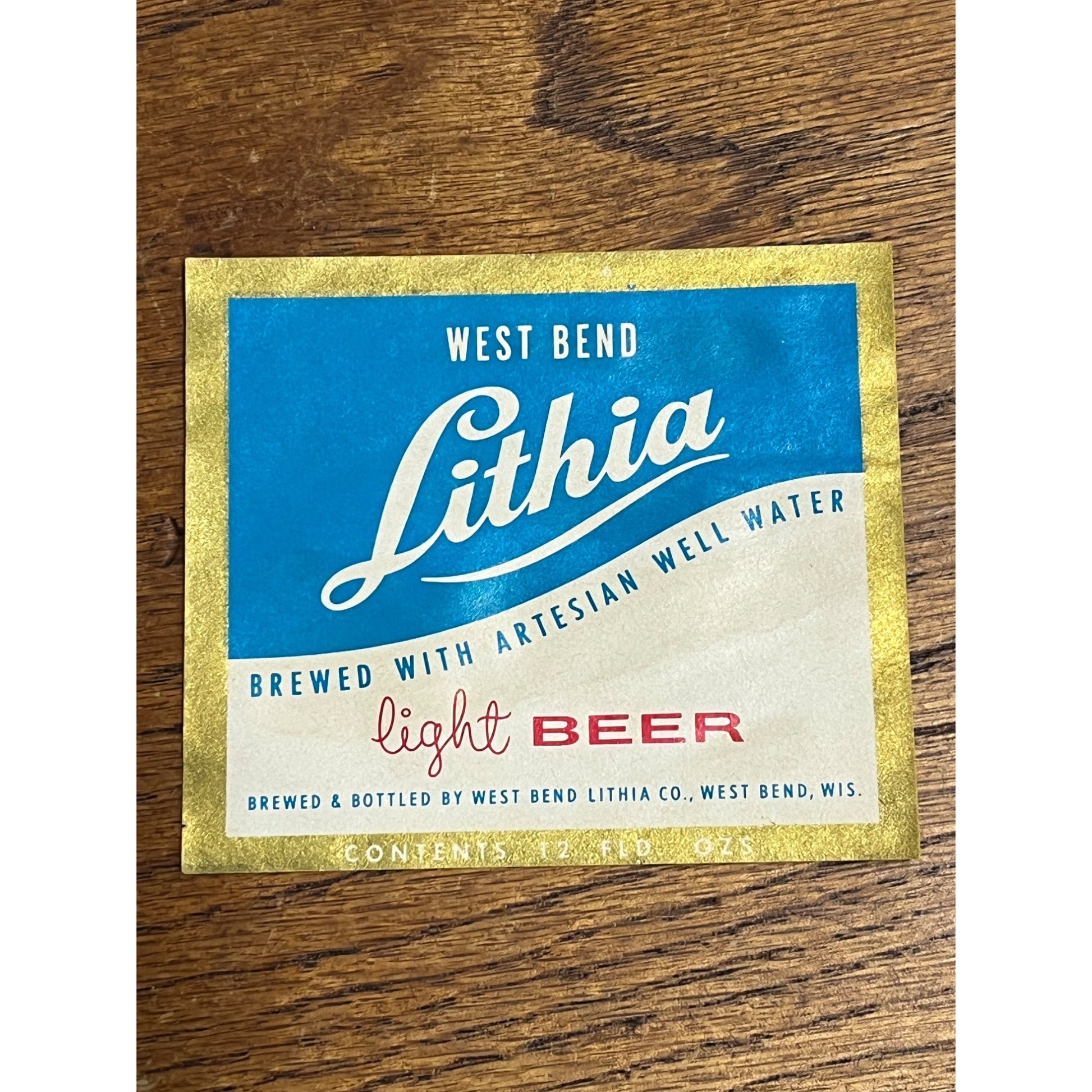 Vintage 1950s West Bend Lithia Light Beer Bottle Label Artisan Well Water