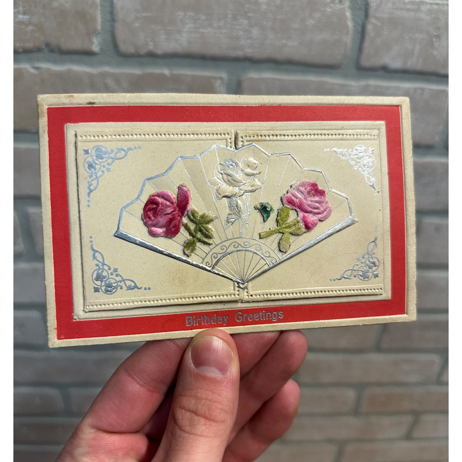 Antique Victorian Fold-Out Flocked Rose Fan Postcard Birthday Greetings Prose