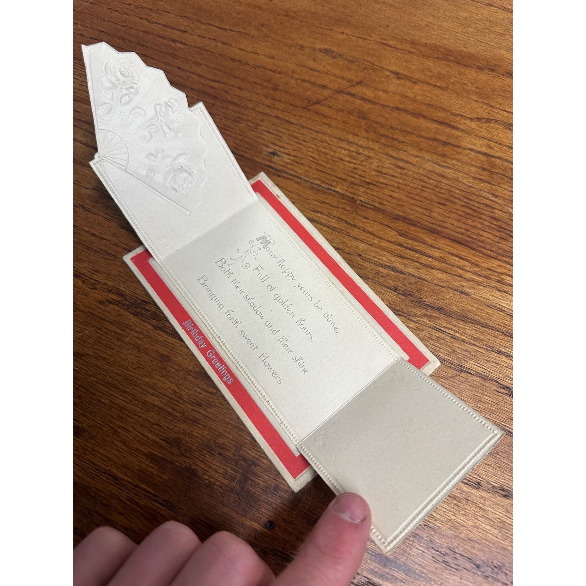 Antique Victorian Fold-Out Flocked Rose Fan Postcard Birthday Greetings Prose