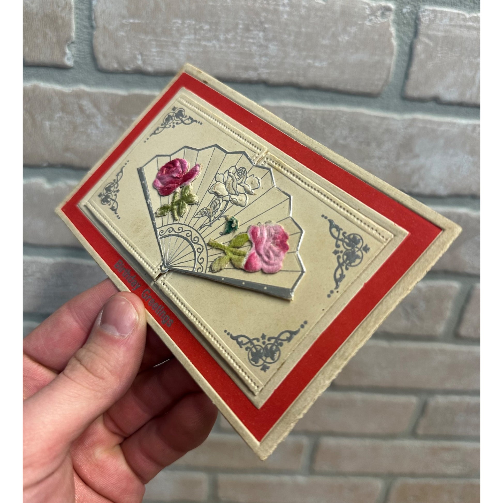 Antique Victorian Fold-Out Flocked Rose Fan Postcard Birthday Greetings Prose