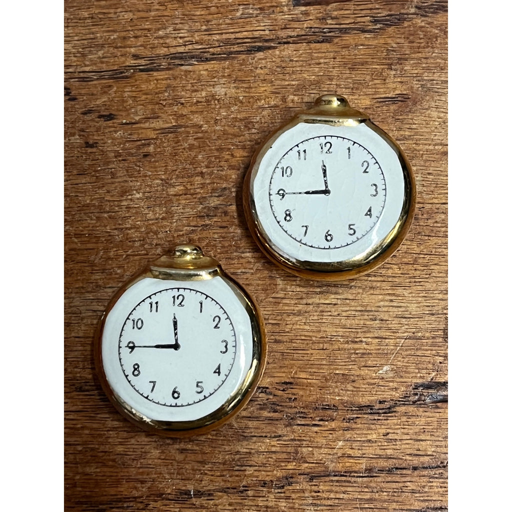 Vintage Miniature Clock Figural Salt & Pepper Shakers 1" Small Gold-Tone