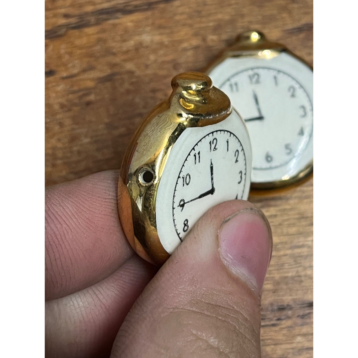 Vintage Miniature Clock Figural Salt & Pepper Shakers 1" Small Gold-Tone