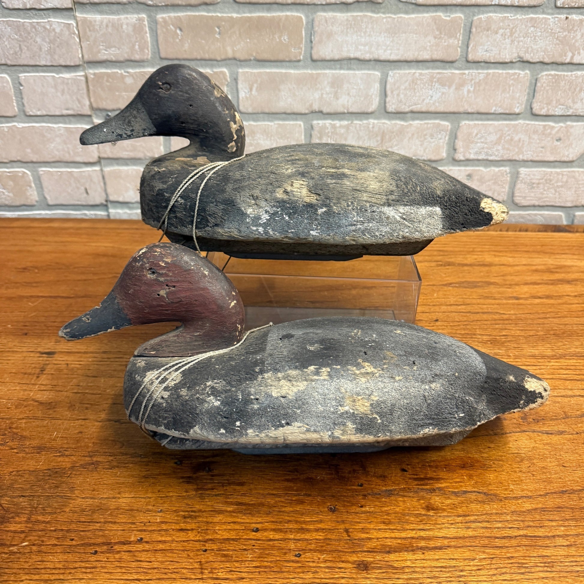 Nice Pair 1940s Rigged Balsa Herters Canvasback Wooden Duck Decoy Hen & Drake