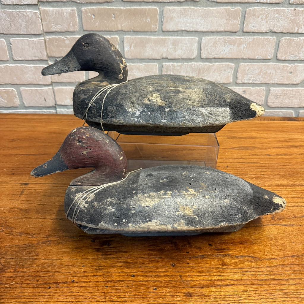 Nice Pair 1940s Rigged Balsa Herters Canvasback Wooden Duck Decoy Hen & Drake