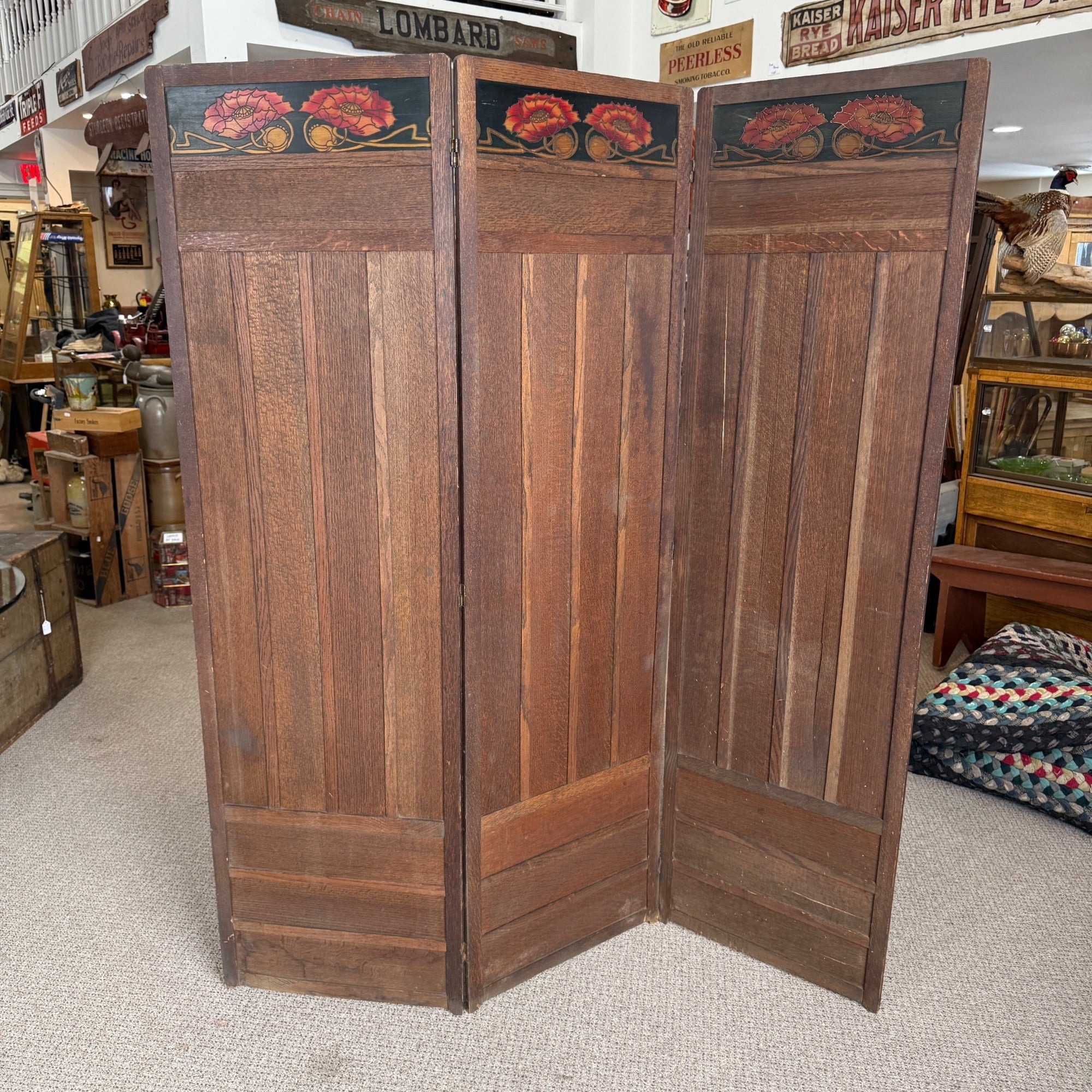 Arts & Crafts Mission Oak Orante Flowers 3 Paneled Room Divide Divider Decor Poppys