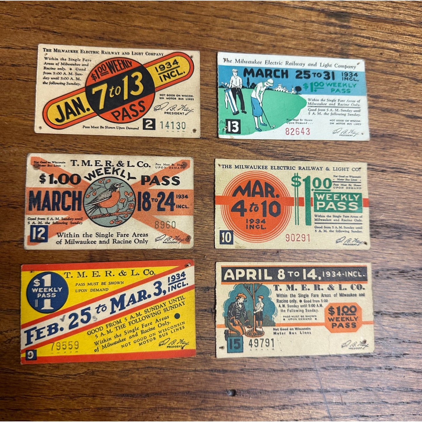 Vintage 1934 The Milwaukee Electric Railway & Light Co. Transporation Tickets (6)