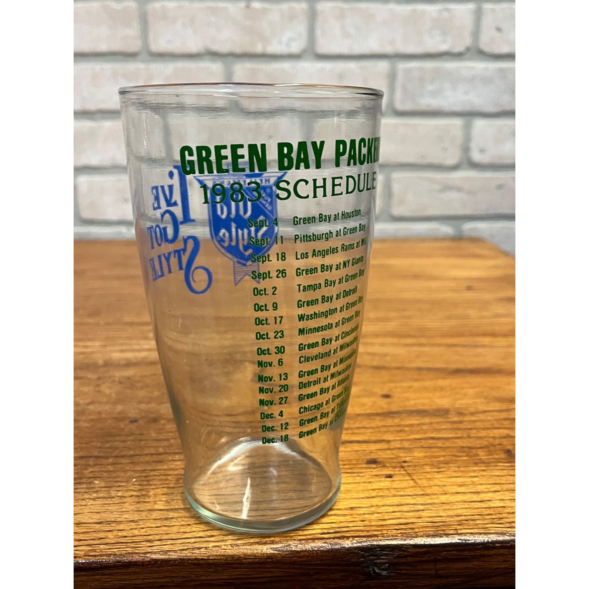 Vintage Heileman's Old Style Beer Glass "I've Got Style" Green Bay Packers 1983 Schedule