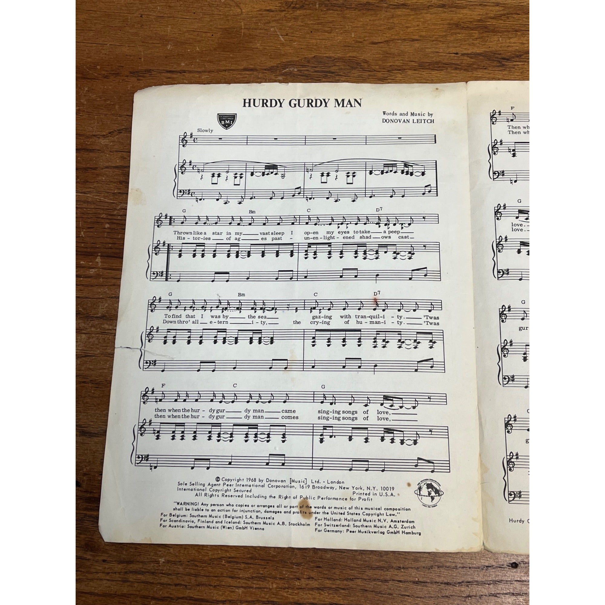 Vintage Hurdy Gurdy Mann Donovan Leitch Sheet Music (1968)