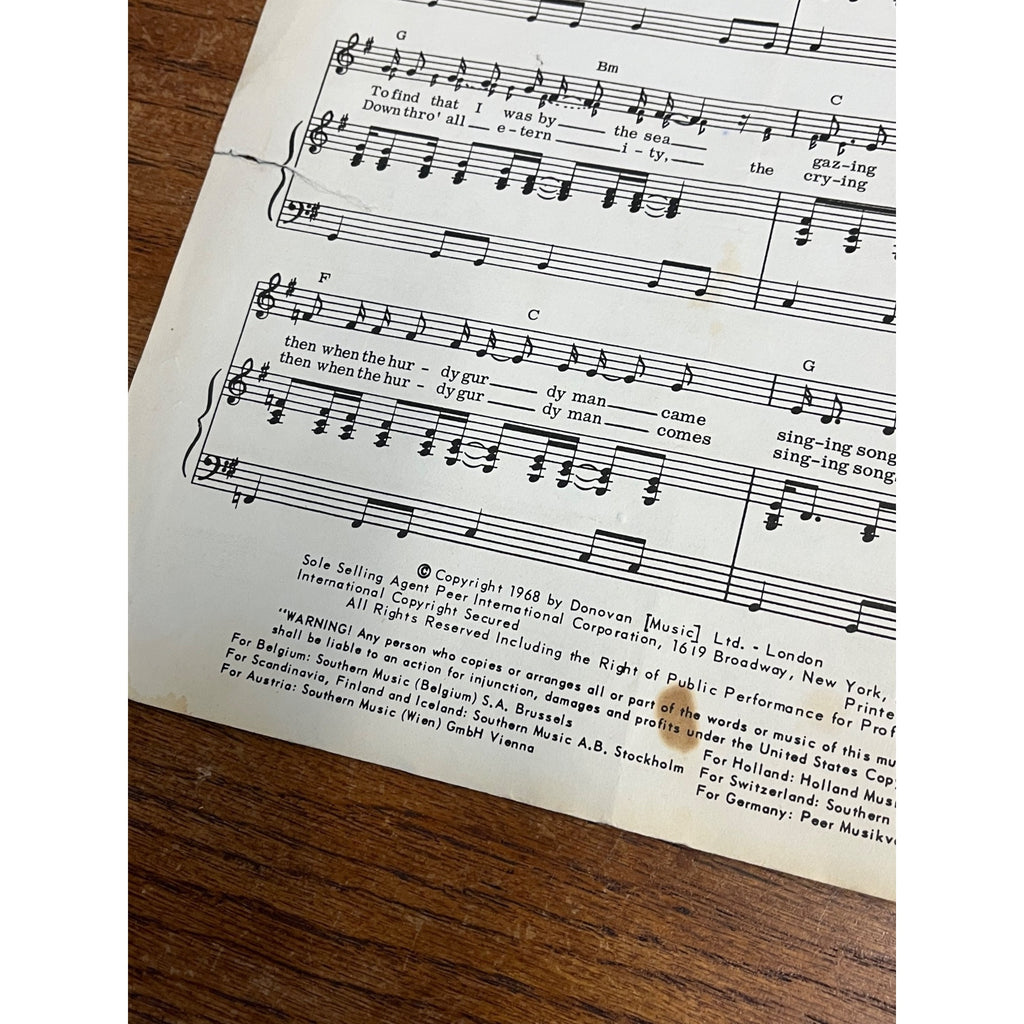 Vintage Hurdy Gurdy Mann Donovan Leitch Sheet Music (1968)
