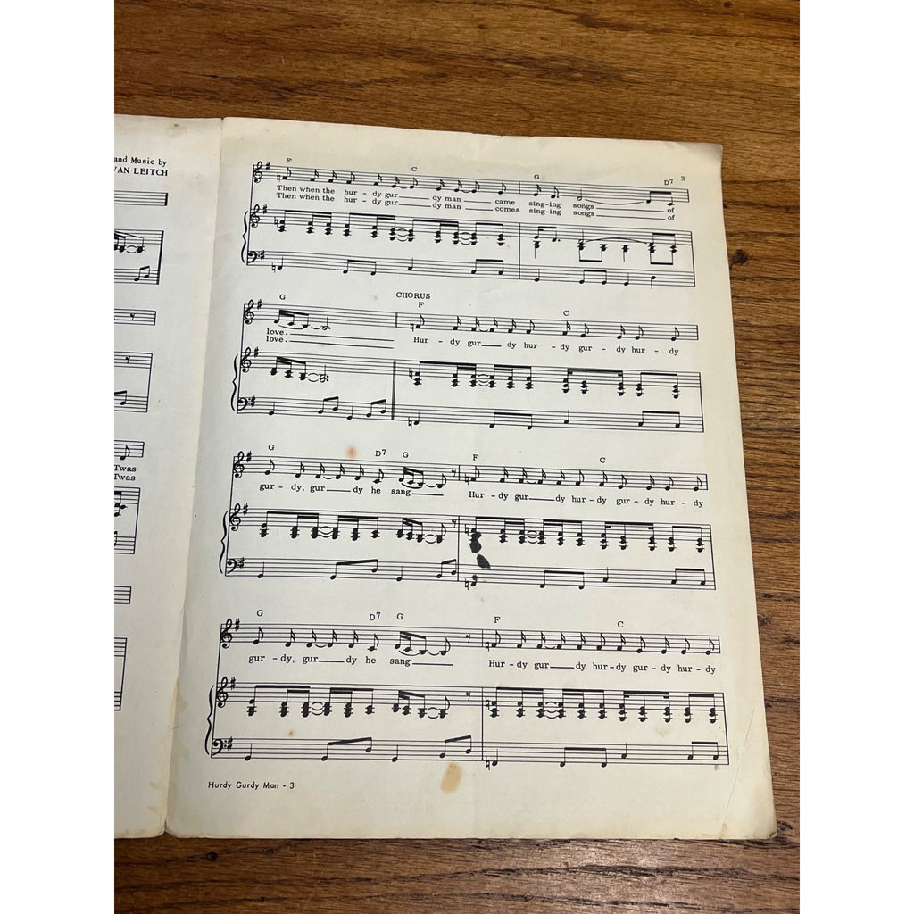 Vintage Hurdy Gurdy Mann Donovan Leitch Sheet Music (1968)