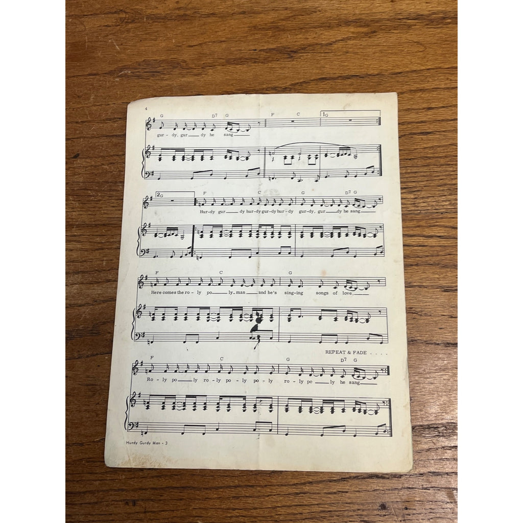 Vintage Hurdy Gurdy Mann Donovan Leitch Sheet Music (1968)