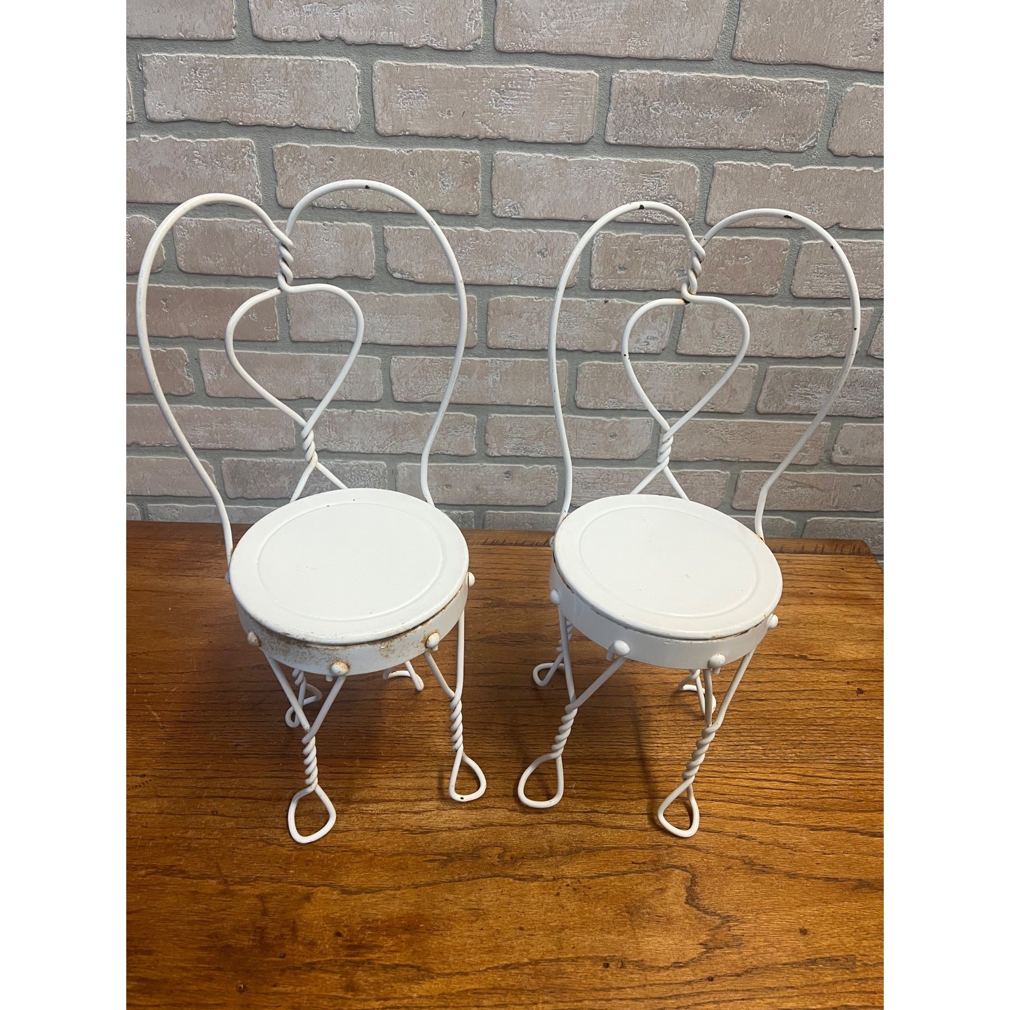 Vintage Pair of (Large) Doll-Size White Metal Ice Cream Parlor Chairs Plant Stands