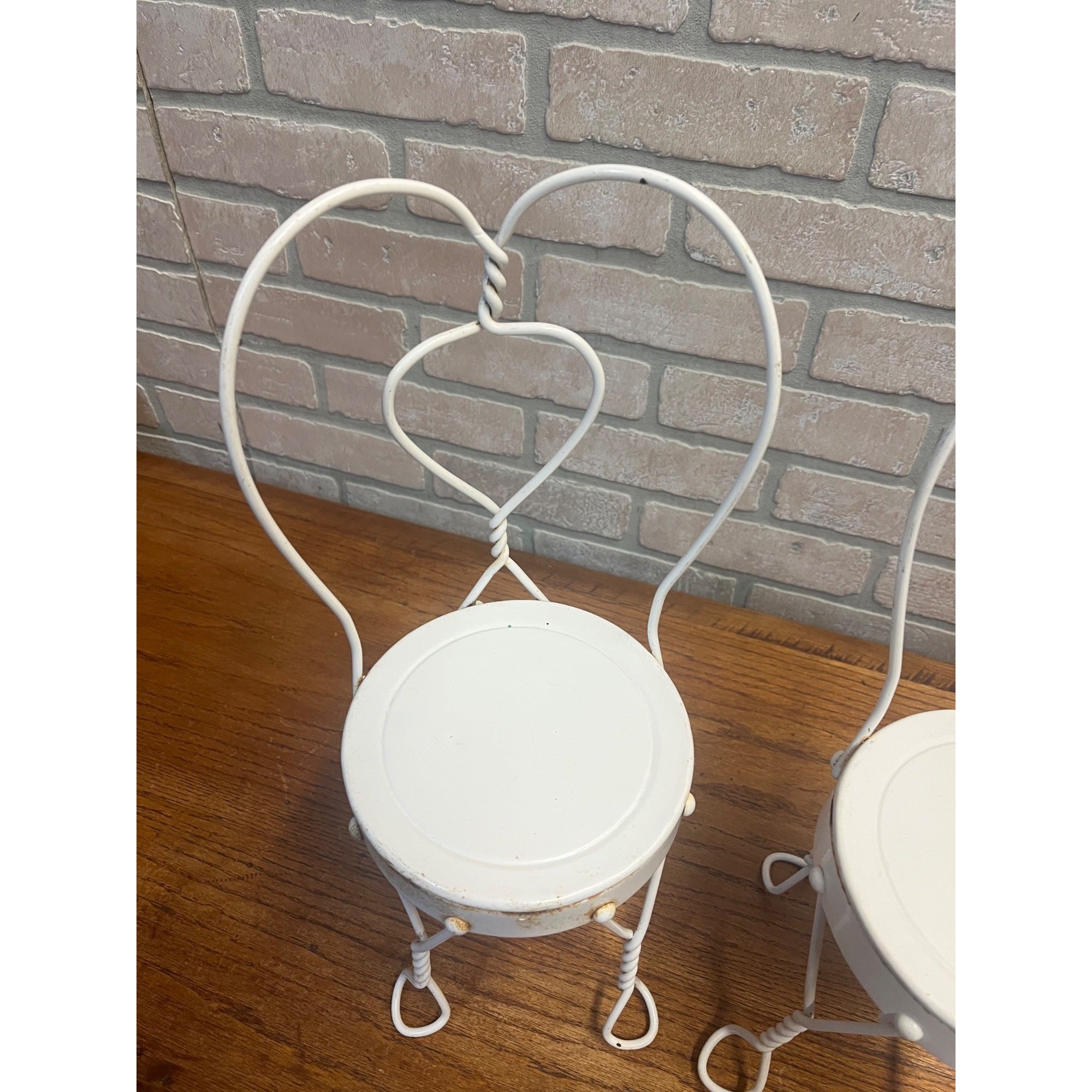 Vintage Pair of (Large) Doll-Size White Metal Ice Cream Parlor Chairs Plant Stands