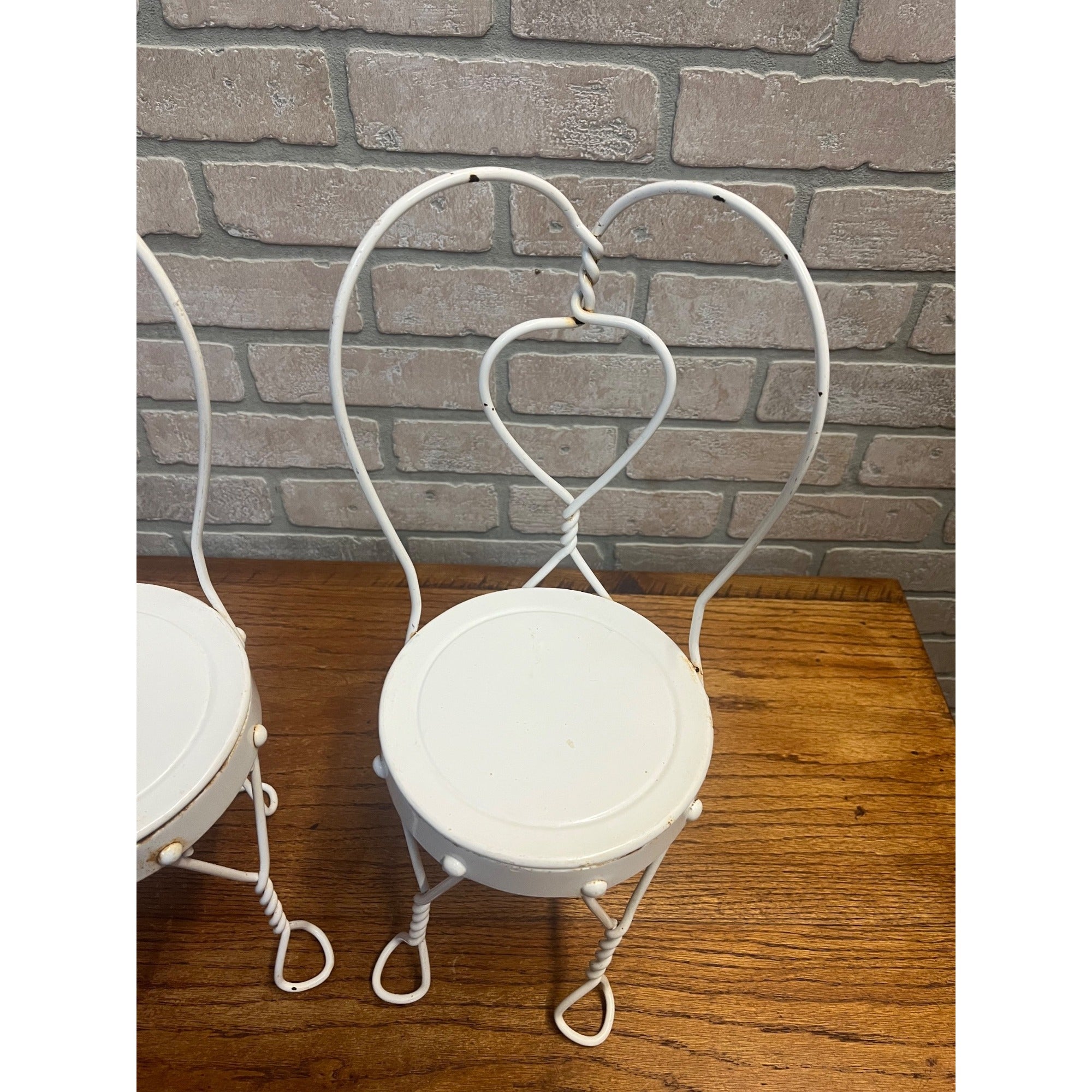 Vintage Pair of (Large) Doll-Size White Metal Ice Cream Parlor Chairs Plant Stands