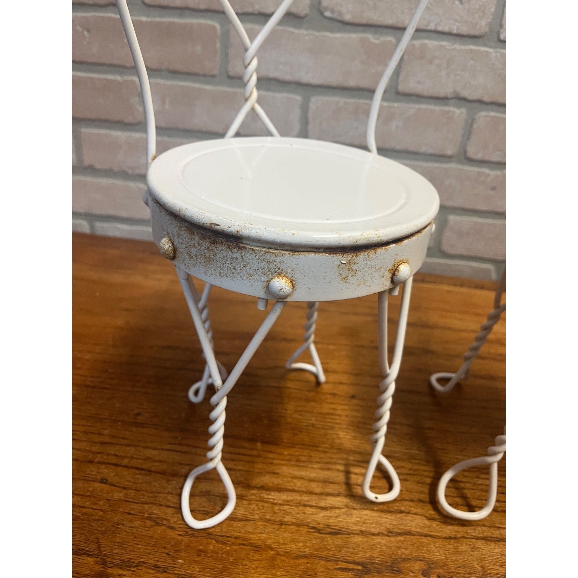 Vintage Pair of (Large) Doll-Size White Metal Ice Cream Parlor Chairs Plant Stands
