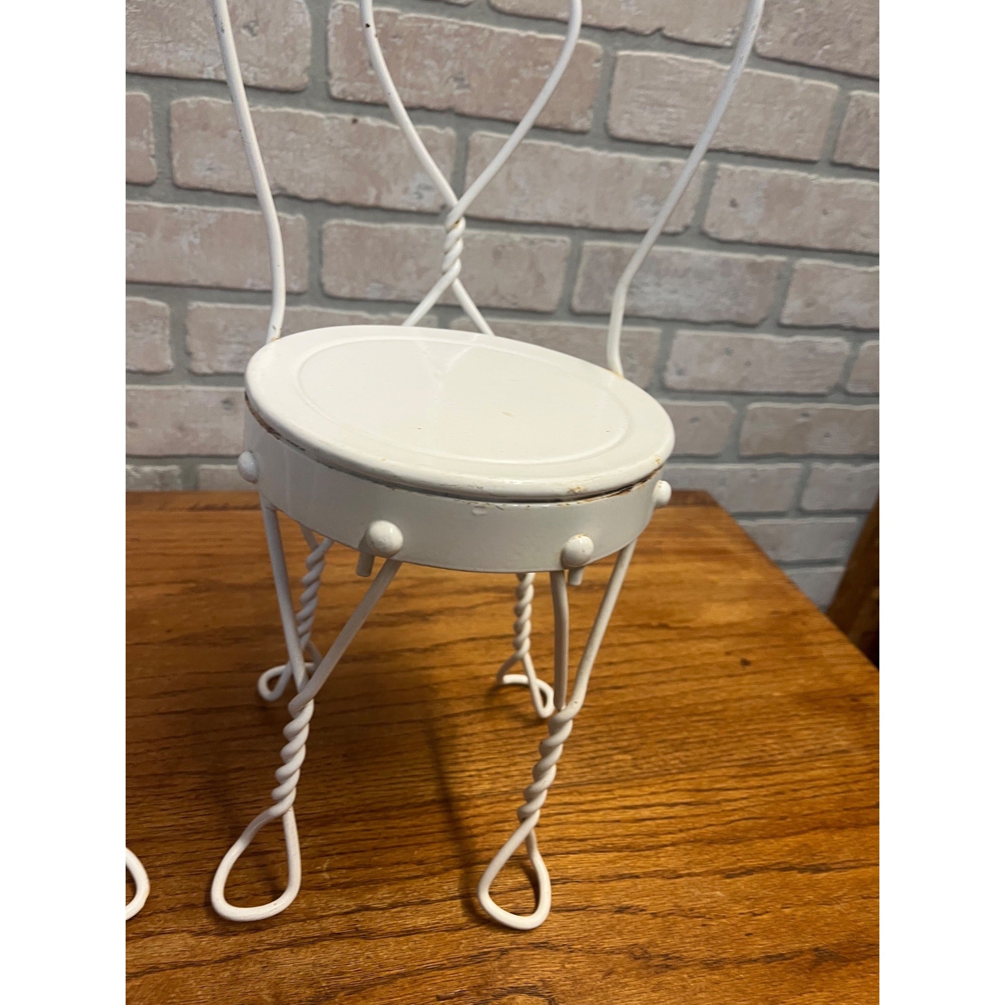 Vintage Pair of (Large) Doll-Size White Metal Ice Cream Parlor Chairs Plant Stands