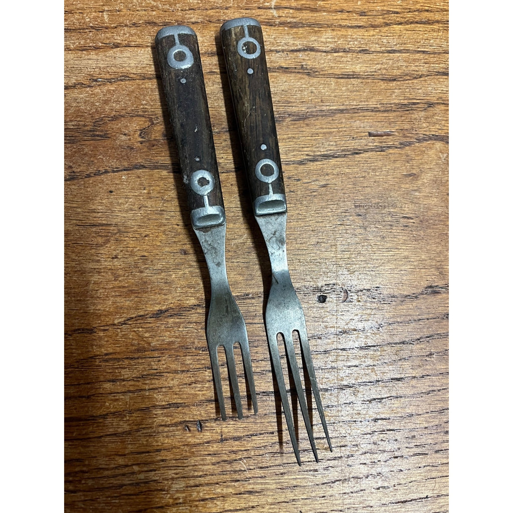 2 Antique Civil War Era 3-Prong Fork Pewter Full Tang Wood Handle Granny Forks