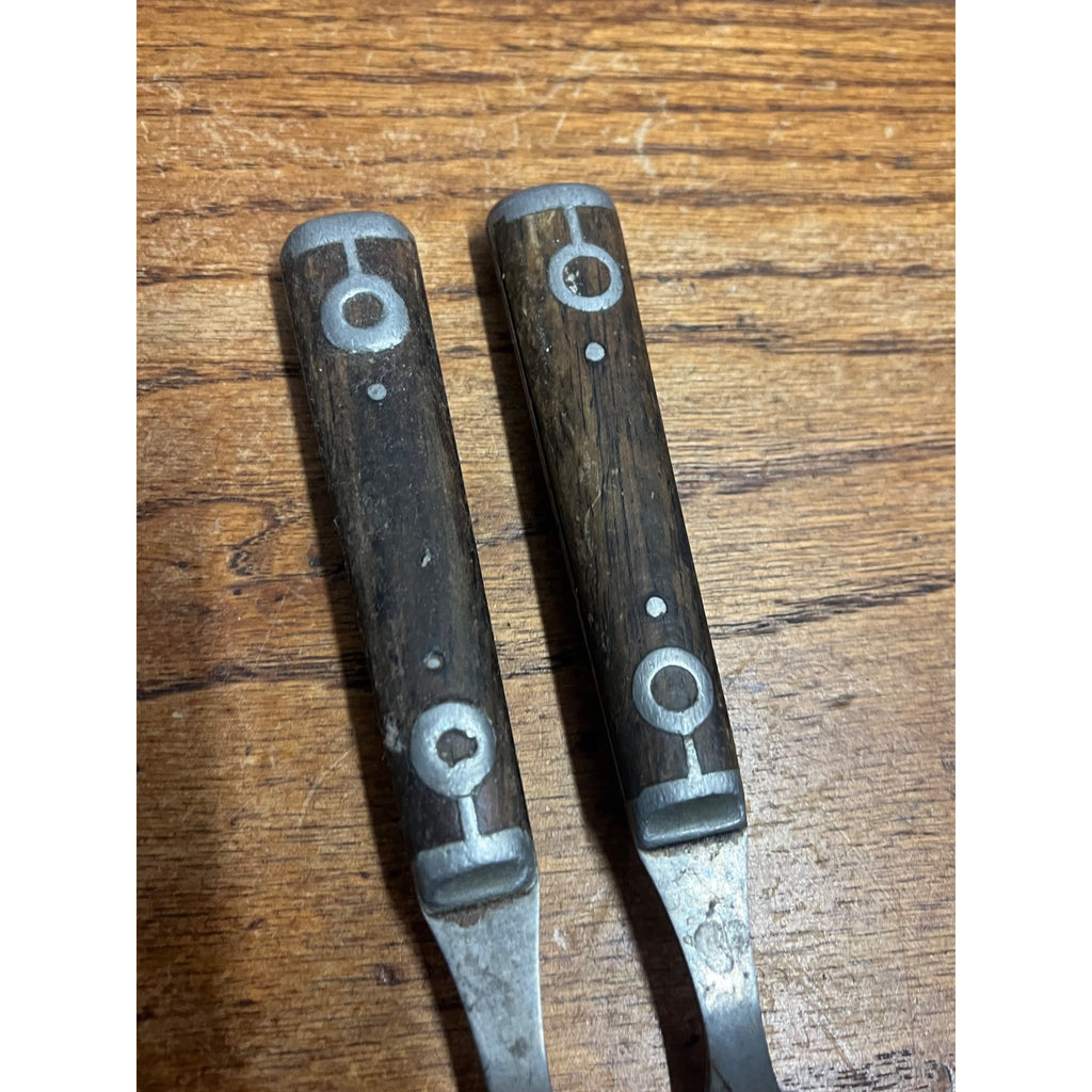 2 Antique Civil War Era 3-Prong Fork Pewter Full Tang Wood Handle Granny Forks
